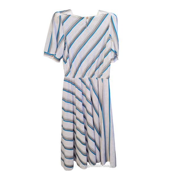 Vintage 70s Blue Gray Striped, Square Neck Flowy, Short Puffy Sleeve Midi Dress - Picture 3 of 9